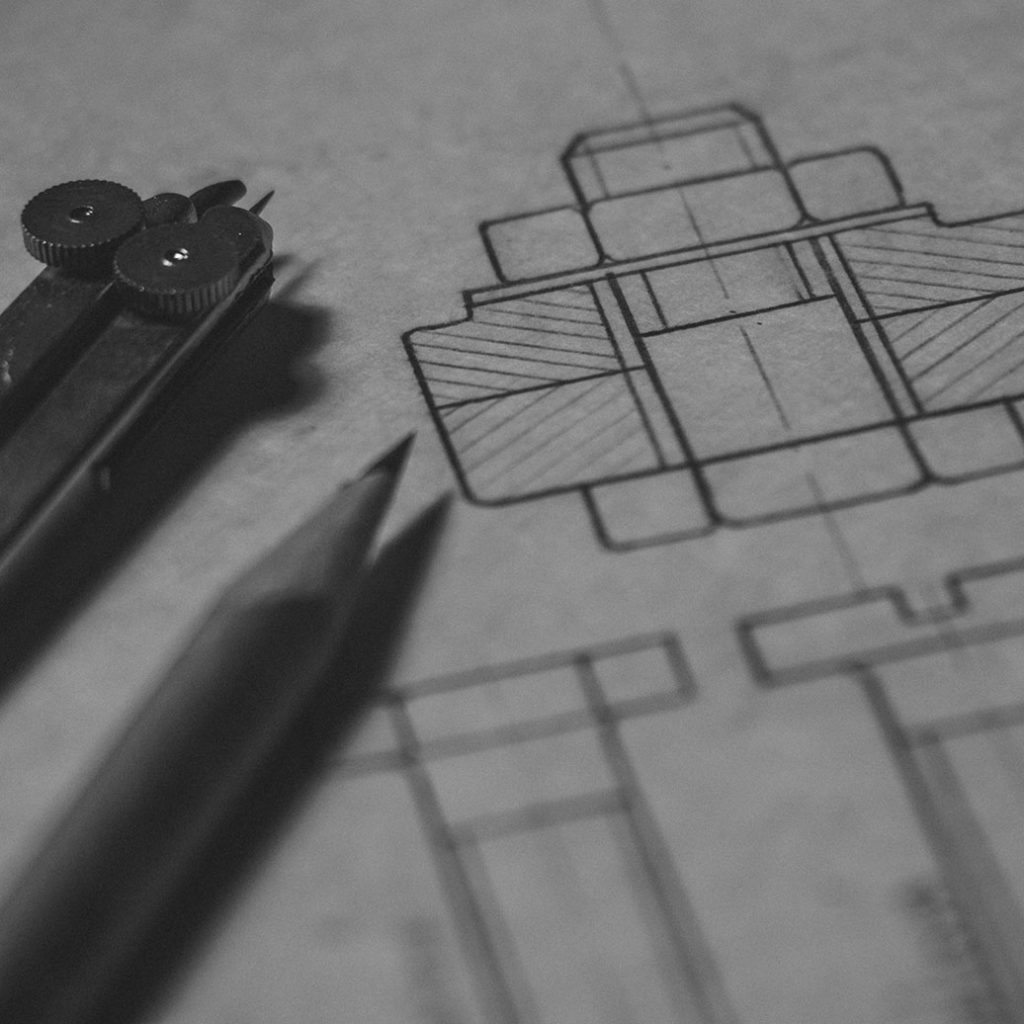 Mechanical Blueprint with Drawing Implements